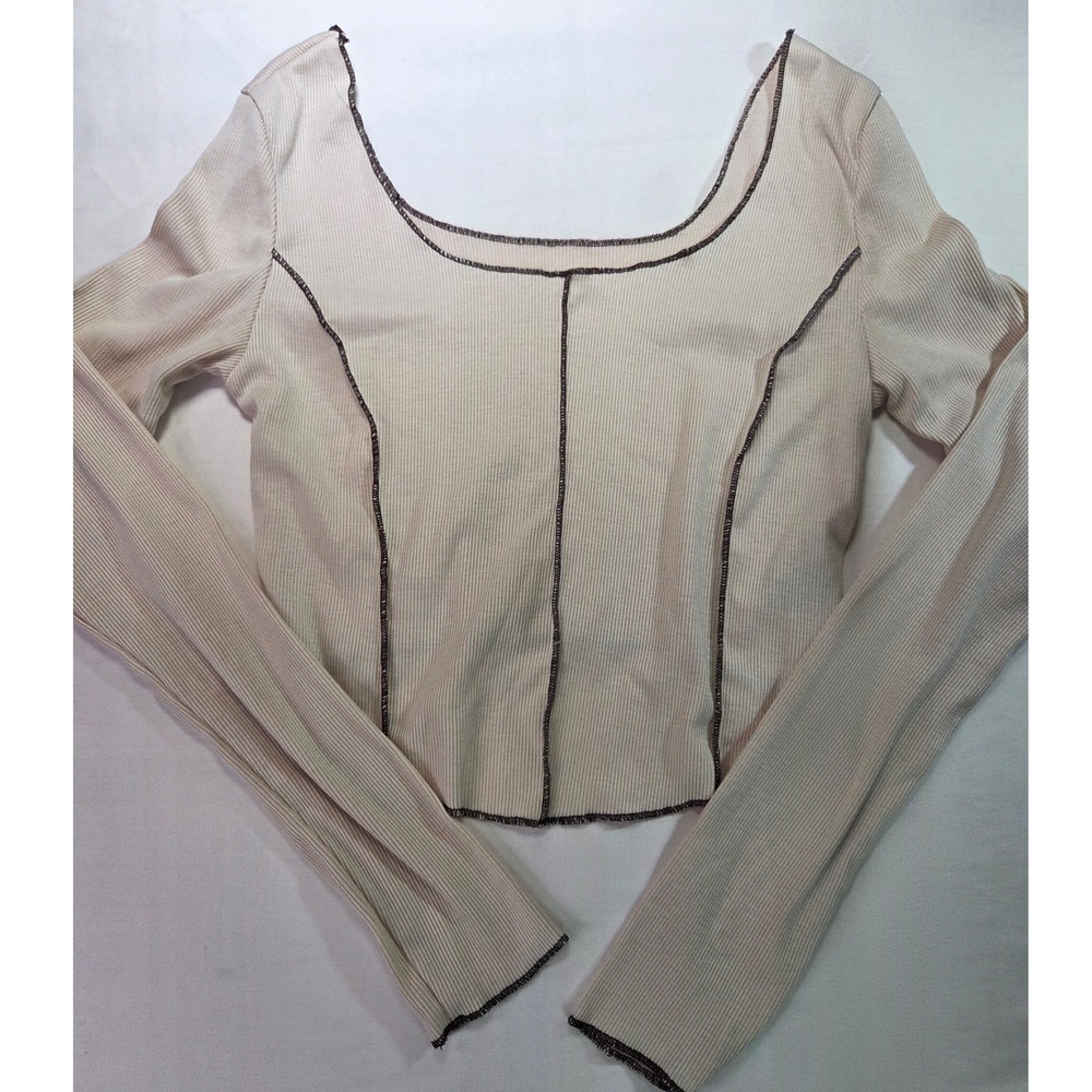 Cider Beige Ribbed Long Sleeve Crop Top Exposed Seam Scoop Neck XS